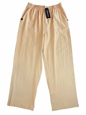 NORACORA Linen Look Cotton Wide Leg Pants NWT Tan Beige Elastic Waist Size Large